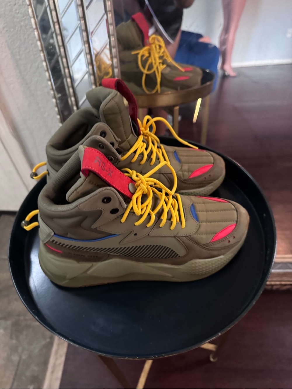 Puma Kids Olive Green High-Top Sneakers with Yellow Laces and Red Accents